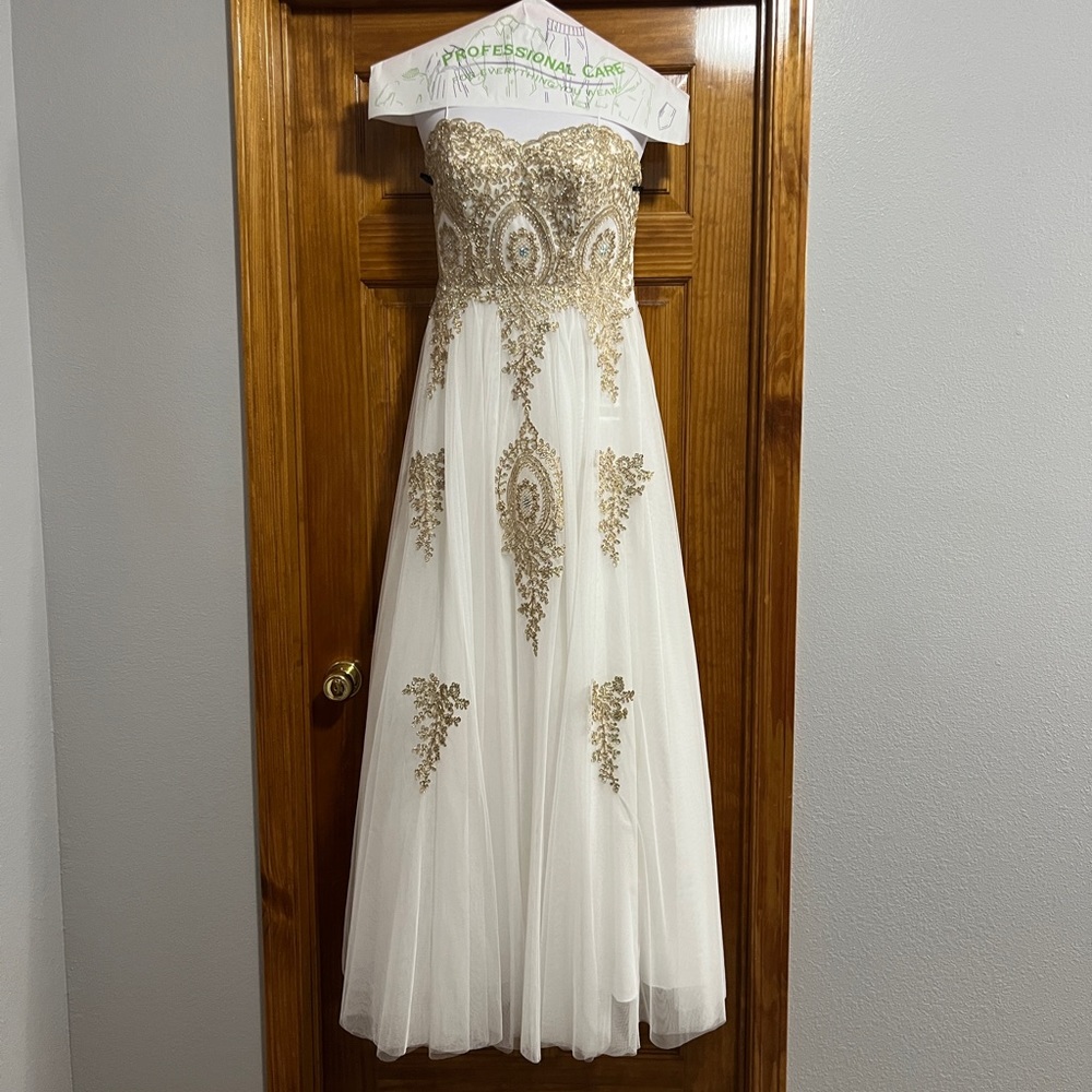 TLC Say Yes to the Prom White and Gold Prom Dress